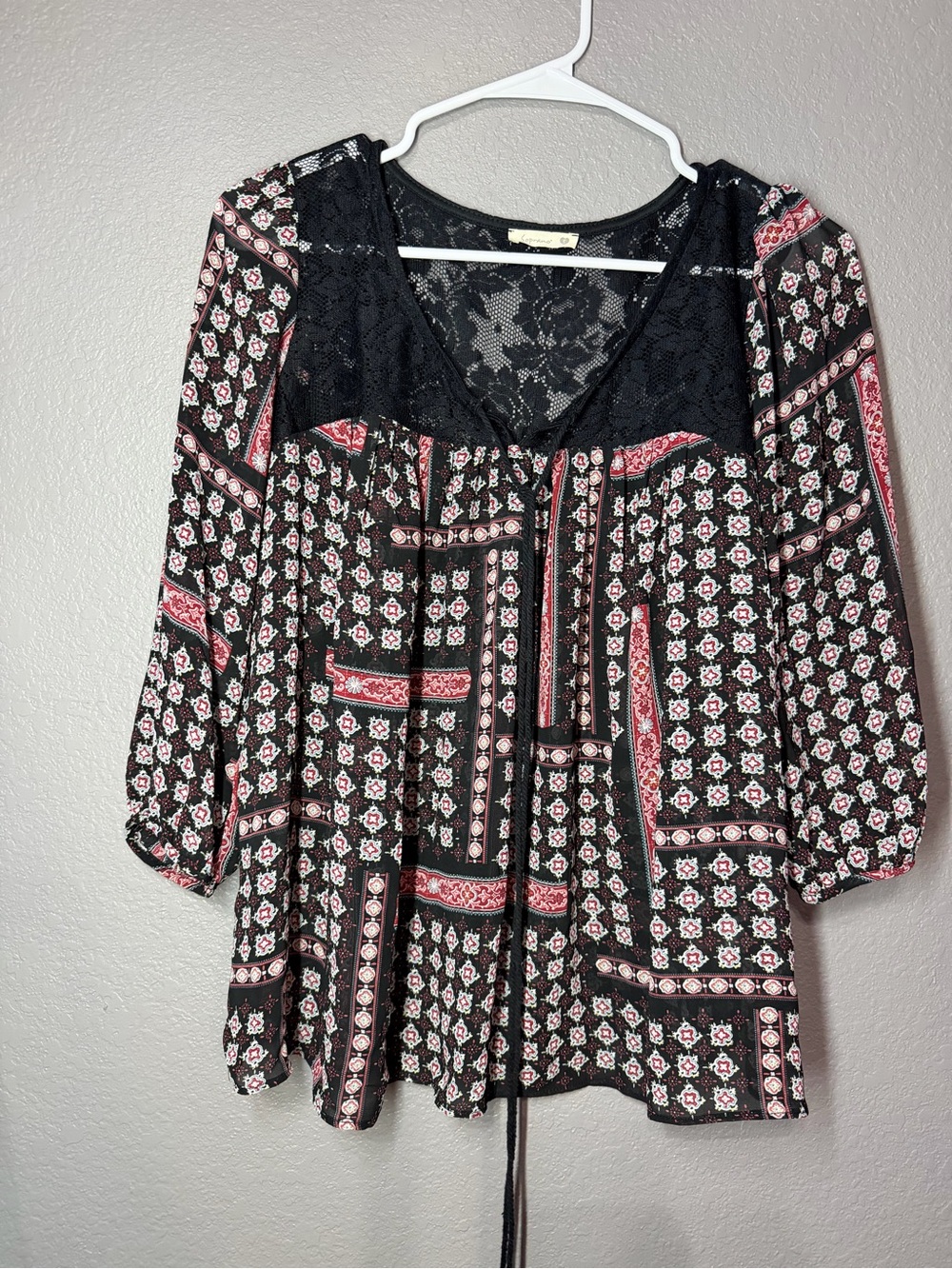 Soprano Black Tunic with Pink and Cream Geometric Print and Lace Yoke